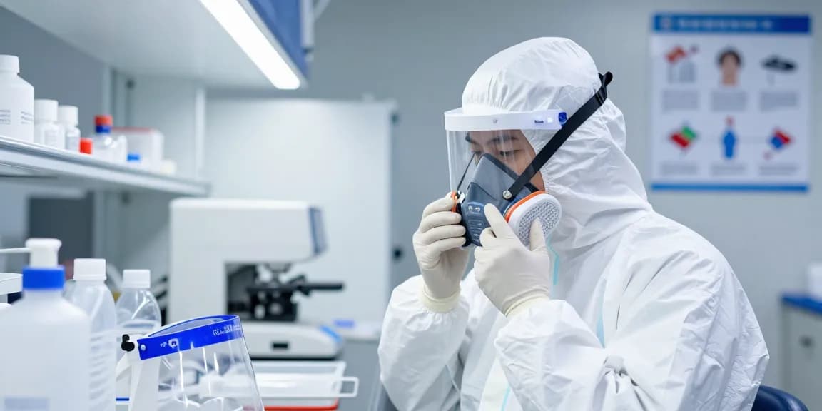 Proper application of masque protection in a cleanroom with safety gear.