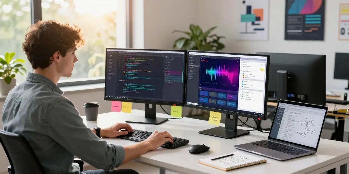 Professional workspace featuring a developer at the WPS Official Website coding on dual monitors.