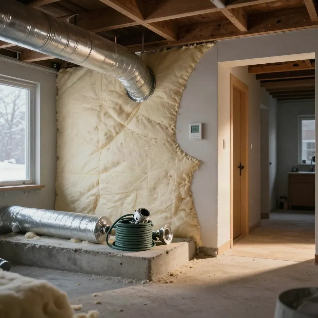 Basement utility corner with insulation, wrapped ductwork, thermostat, LED retrofit kit, and warm hallway glow