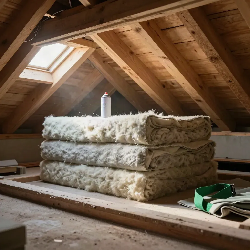 Attic insulation bay with mineral-wool batts, foam cans, and exposed joists under an open hatch.
