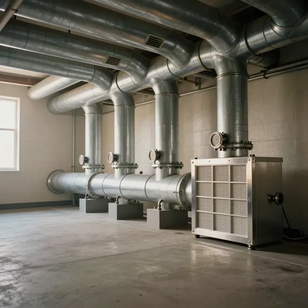 Low-angle furnace room with optimized ducts, dampers, and filter housing in warm still air