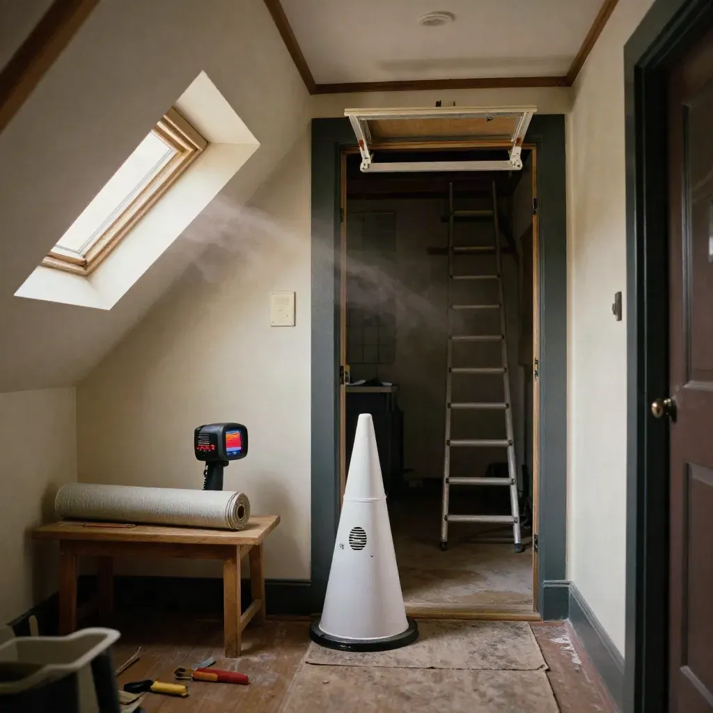 Entry hall audit tools by an open attic hatch and blower-door cone in warm afternoon light.