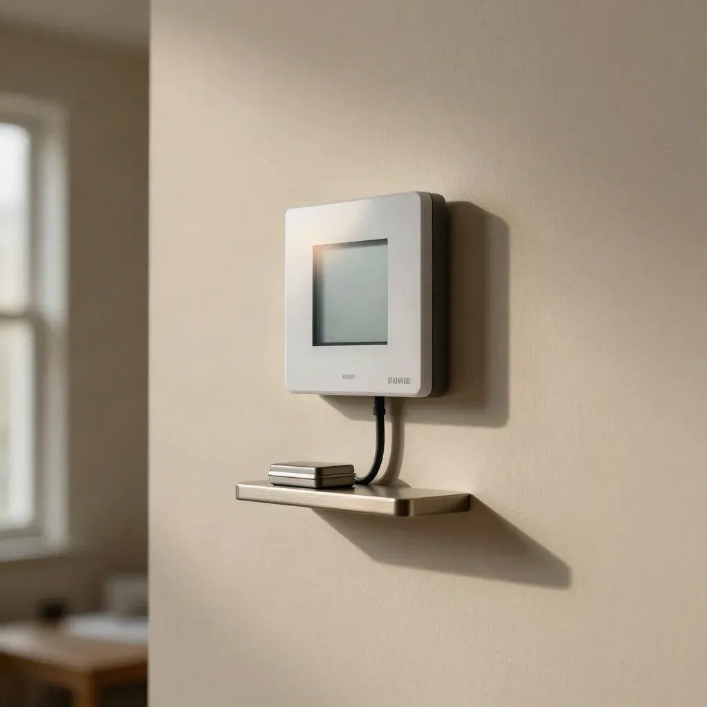 Smart thermostat mounted on a wall with tucked cable, blank plate, and a closed tool case below.