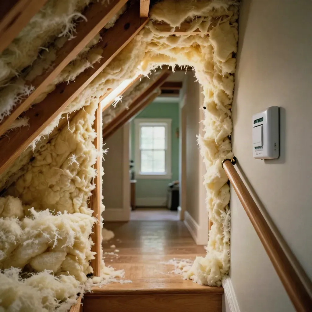 Ottawa bungalow hallway with thick attic insulation, a smooth thermostat, and warm dusk light