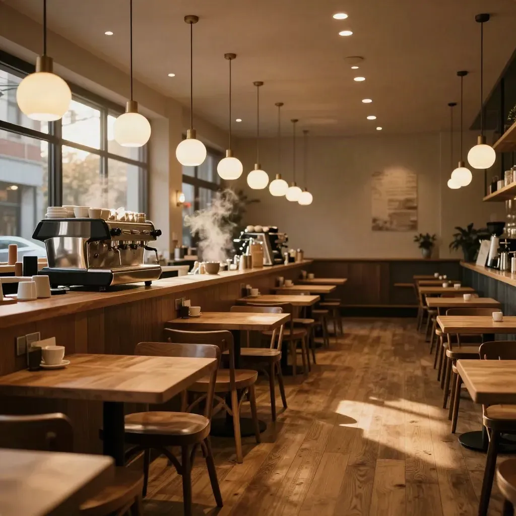Toronto café with LED pendants, warm timber counters and empty tables, glowing after retrofit.
