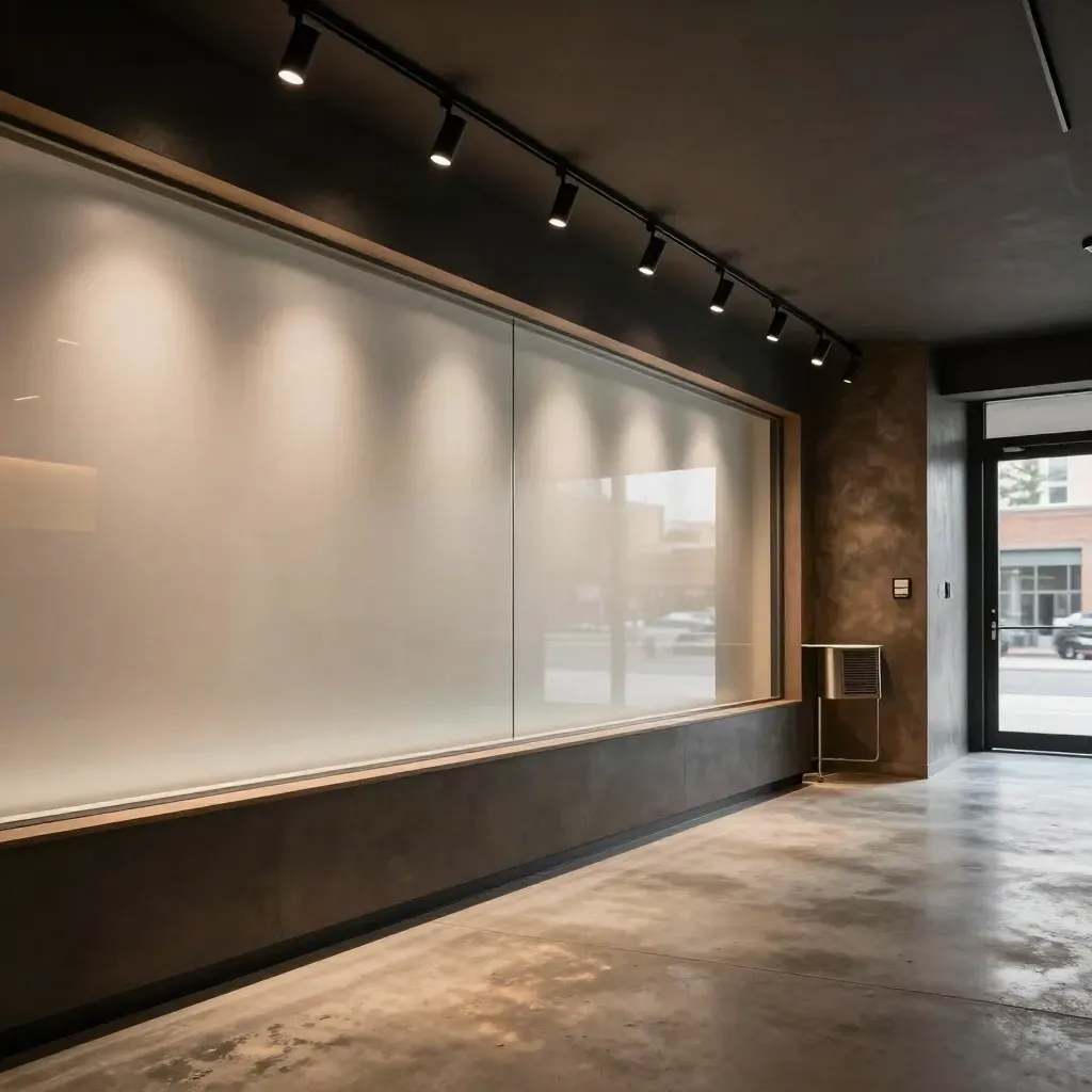 Moody Calgary shop interior with LED track lights, cool front glazing, and a tidy checkout corner.