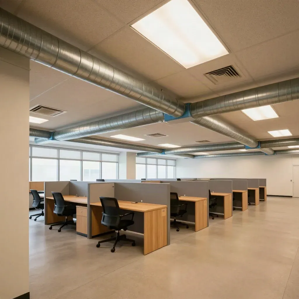 Low view up an office corridor at balanced ceiling diffusers, ducts, and evenly lit workstations.
