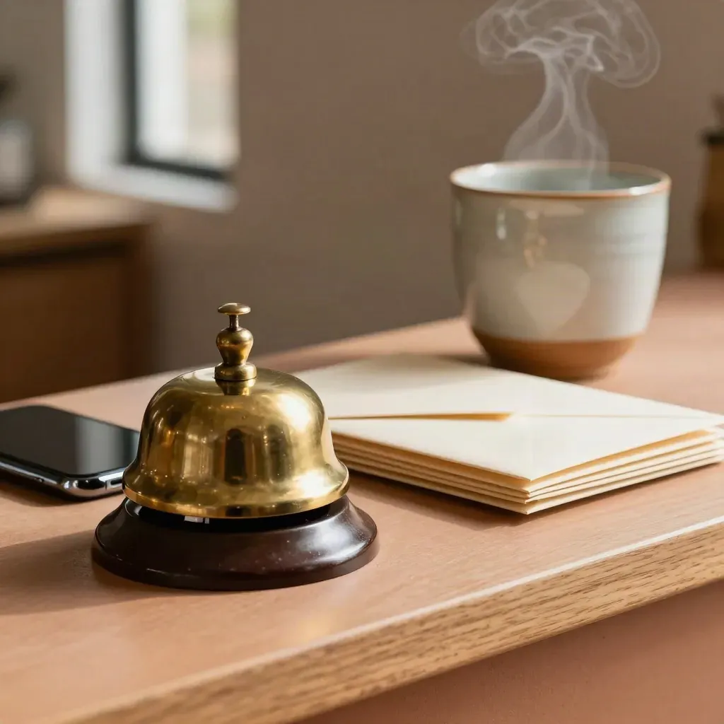 Brass bell, face-down phone, envelopes, and steaming cup on a terracotta reception shelf.