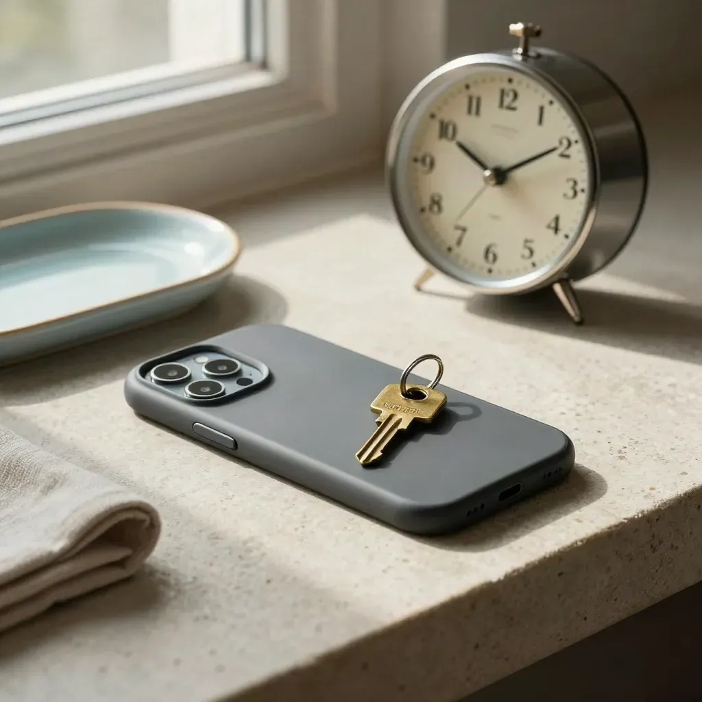 Face-down phone, brass key and small clock on stone console in soft morning light