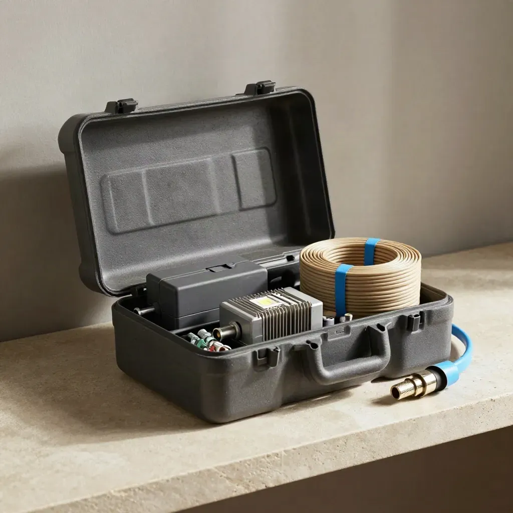 Install kit with thermostat base, LED driver, wire nuts and cable on a stone shelf