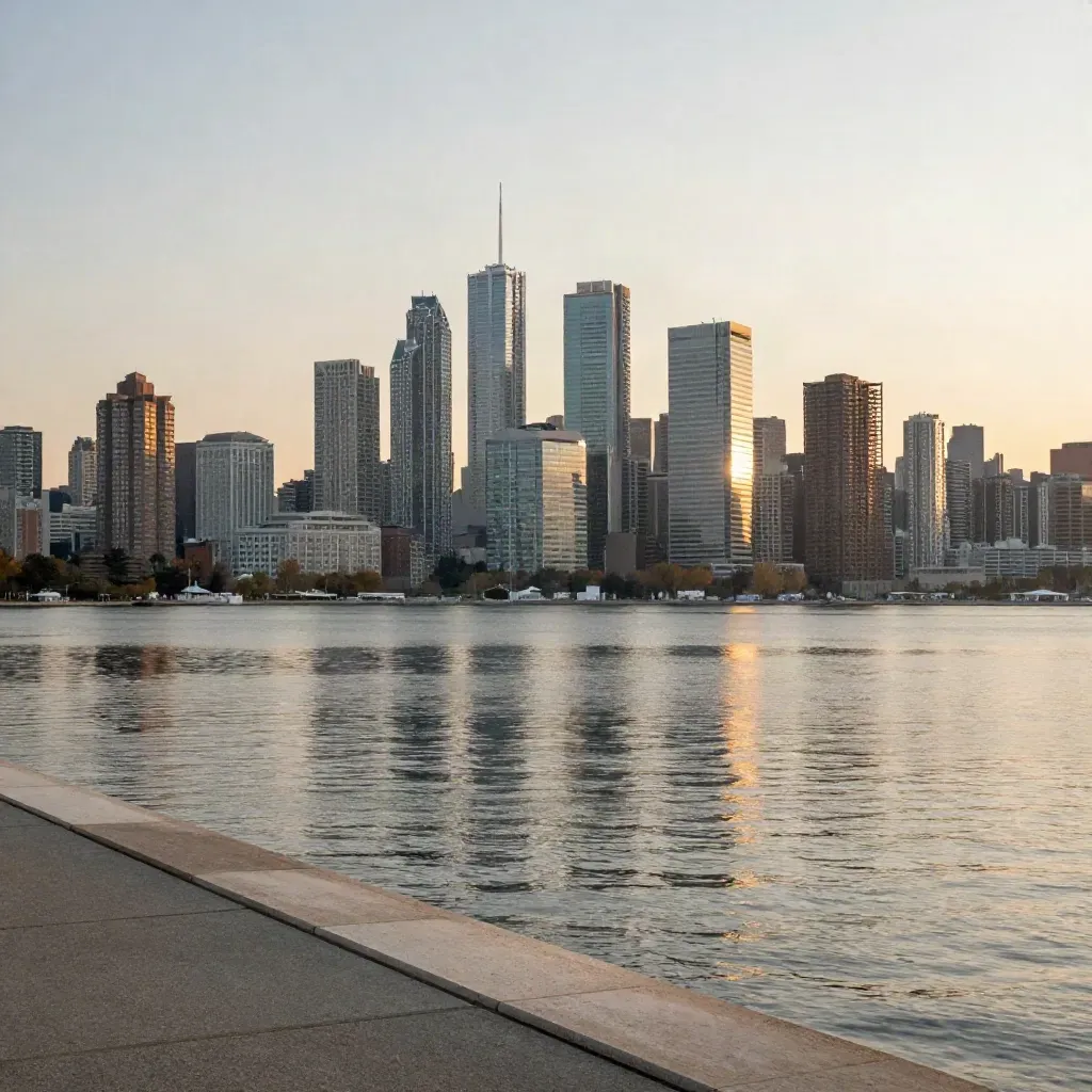 Toronto skyline at golden hour over still lakefront water and hazy waterfront concrete