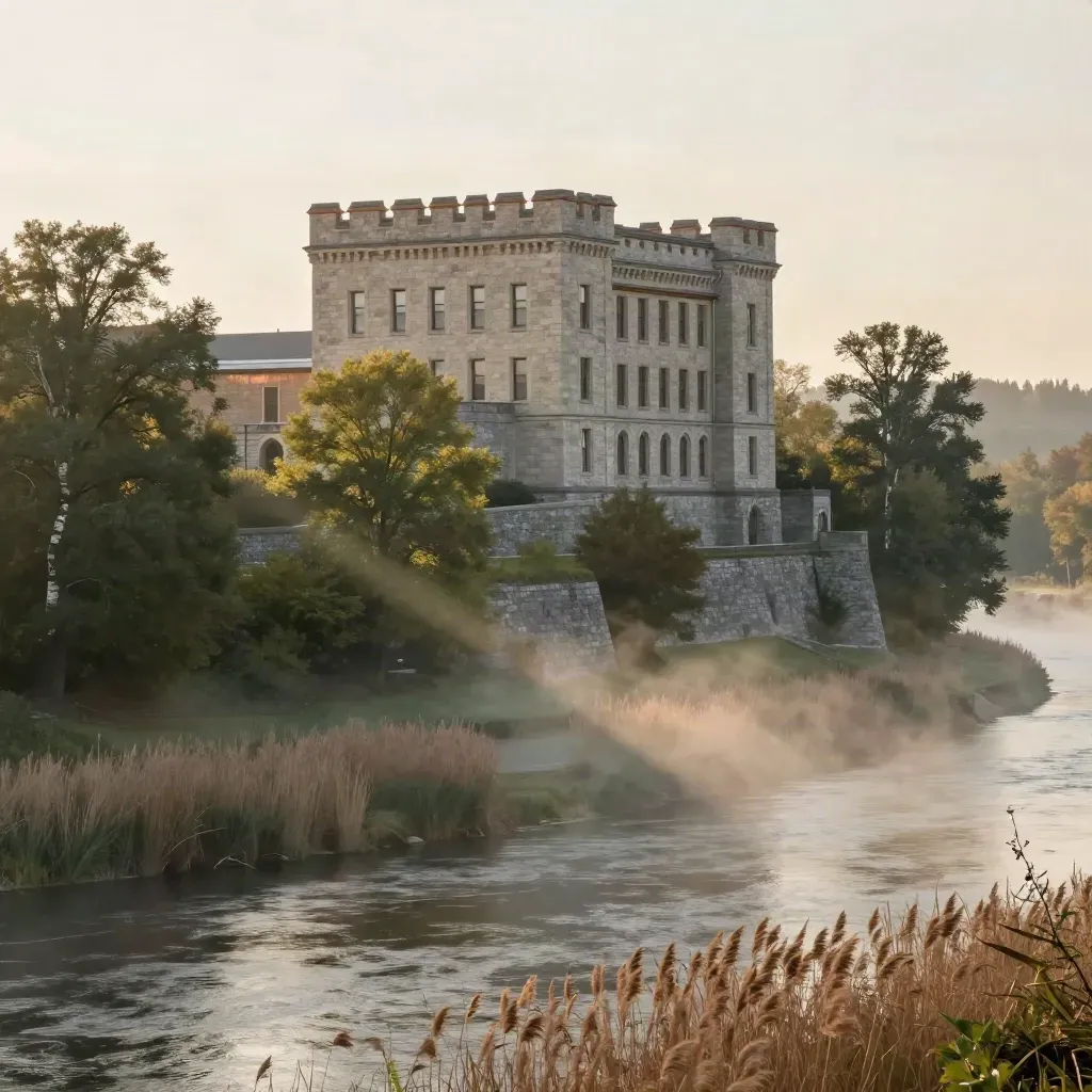 Misty Ottawa Valley civic stone buildings above a foggy riverbank at dawn.