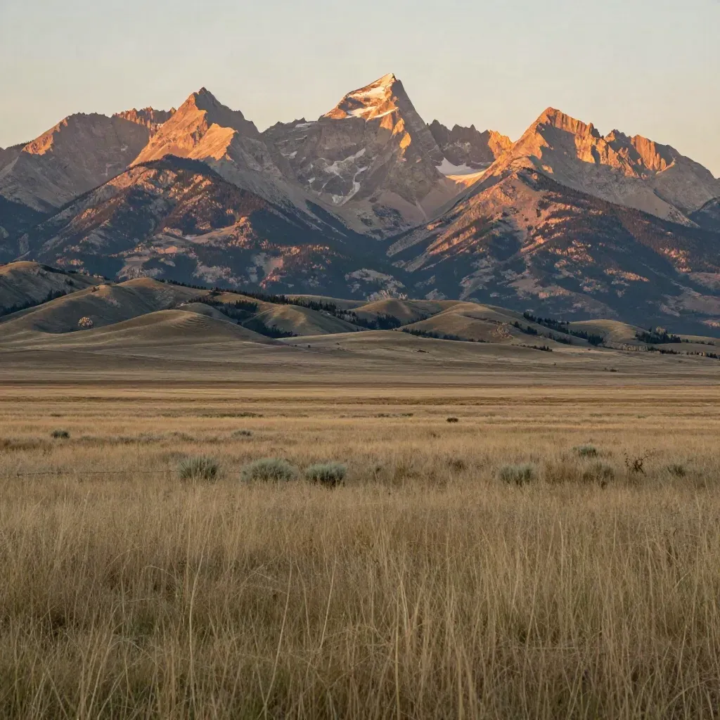 Rockies above a calm prairie foreground at golden hour, with haze and warm light.