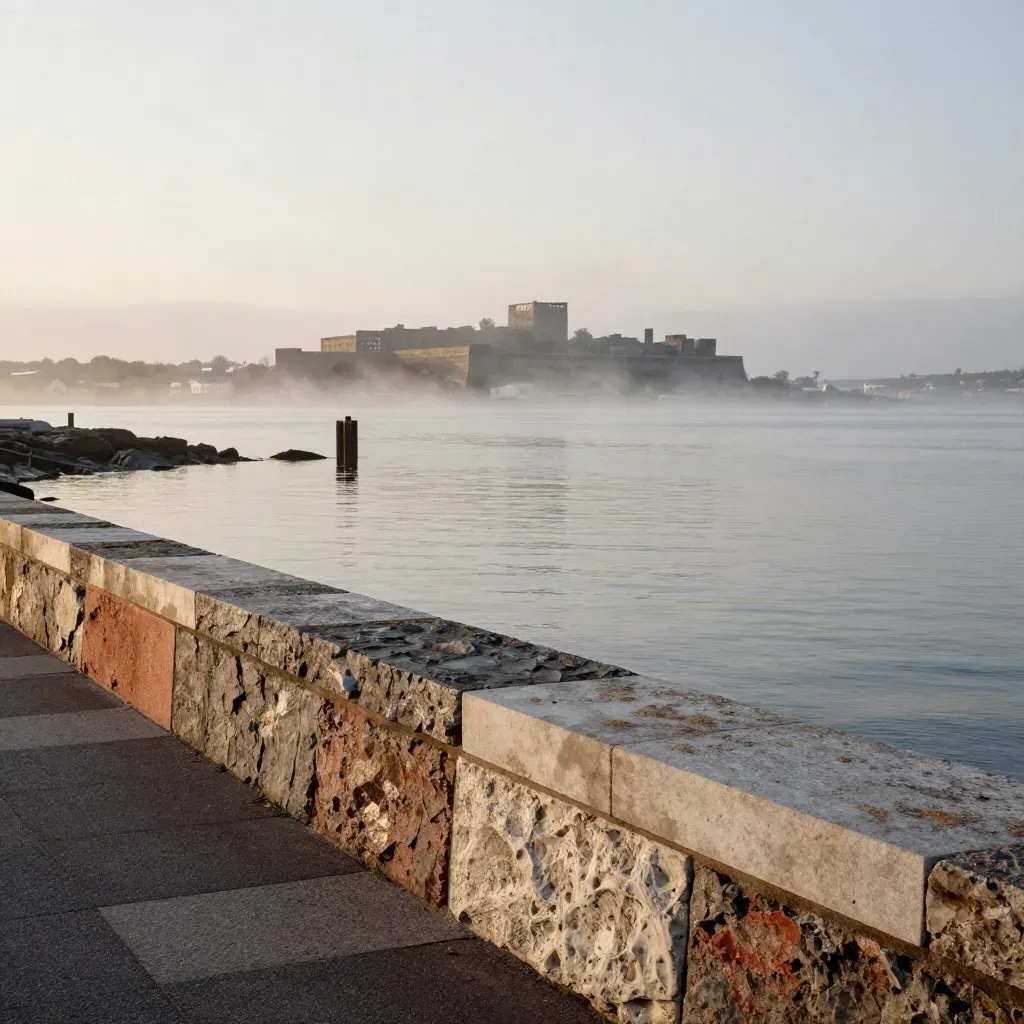 Foggy Halifax harbour with distant Citadel silhouette above calm water