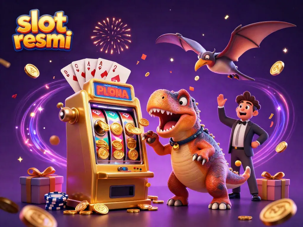 Engaging slot resmi scene with dino mascots celebrating jackpot payout amidst vibrant casino elements.