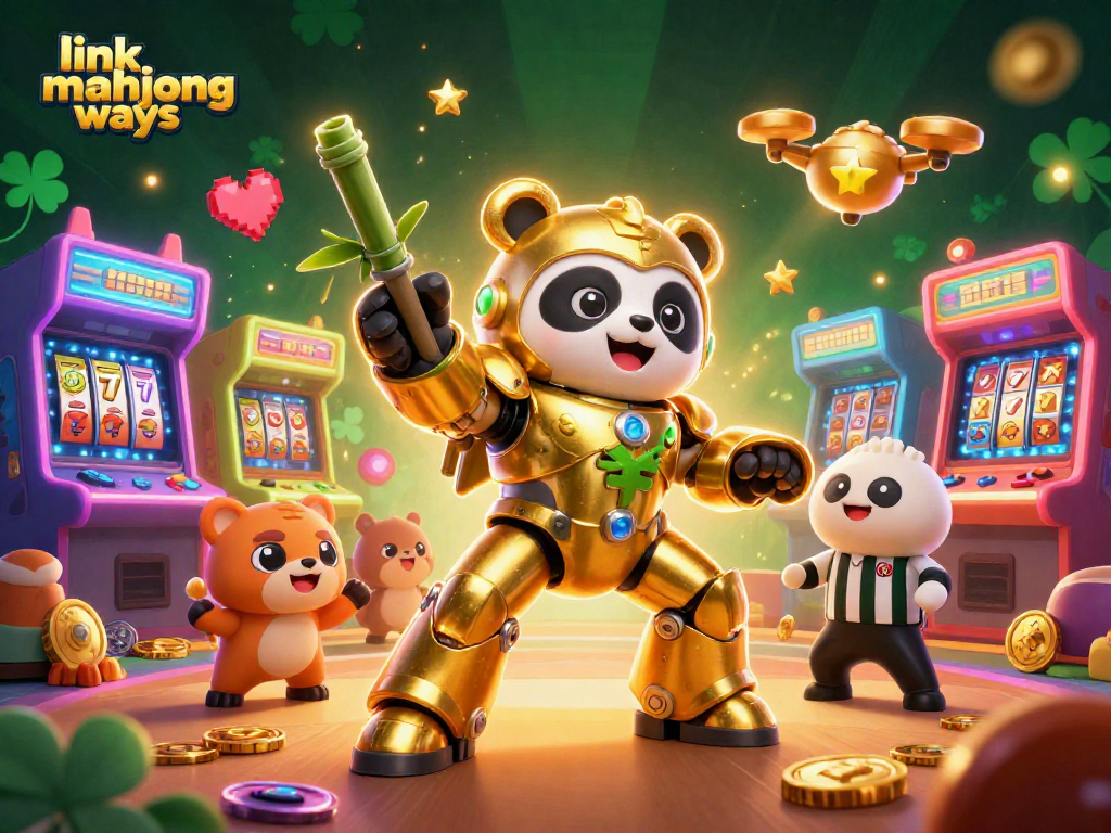 Engage in link mahjong ways with a vibrant 3D casino scene featuring a golden panda and exciting slot elements.