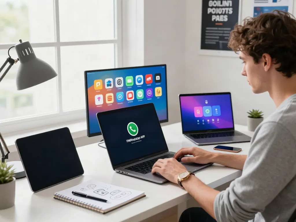 Tech-savvy user downloading GBApps FMWhatsApp APK in a modern workspace.