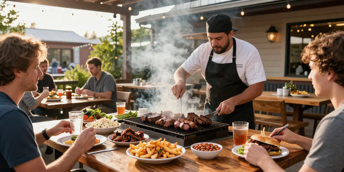 BBQ restaurant Alberta vibrant chef grilling meats with customers enjoying pulled pork poutine and brisket sandwiches