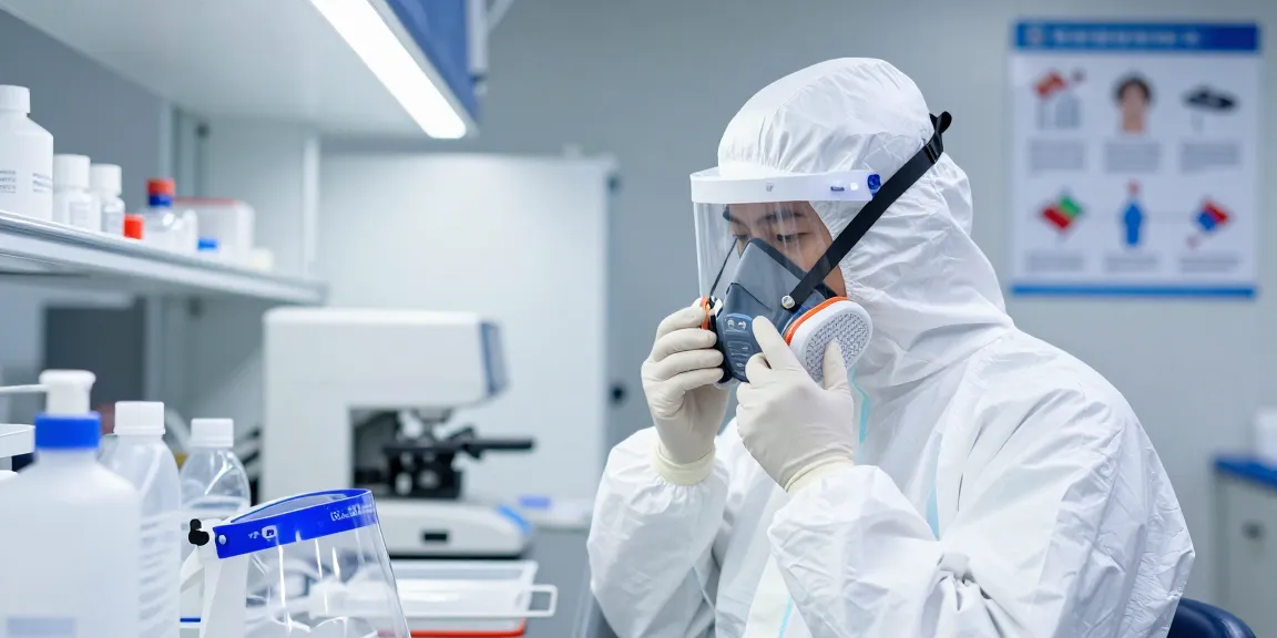 Proper application of masque protection in a cleanroom with safety gear.